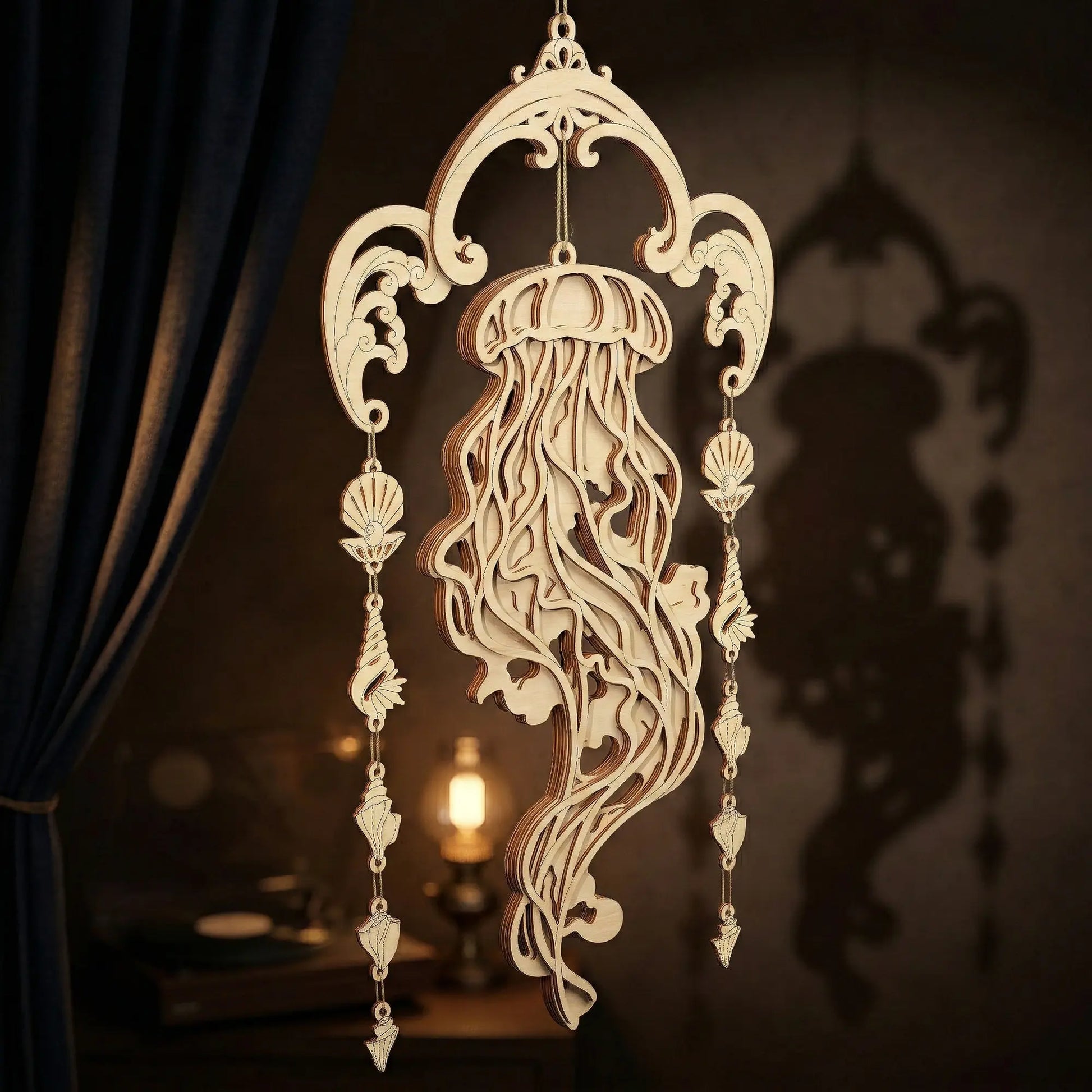 Decorative laser cut jellyfish-shaped wall hanging with intricate details on a dark background.