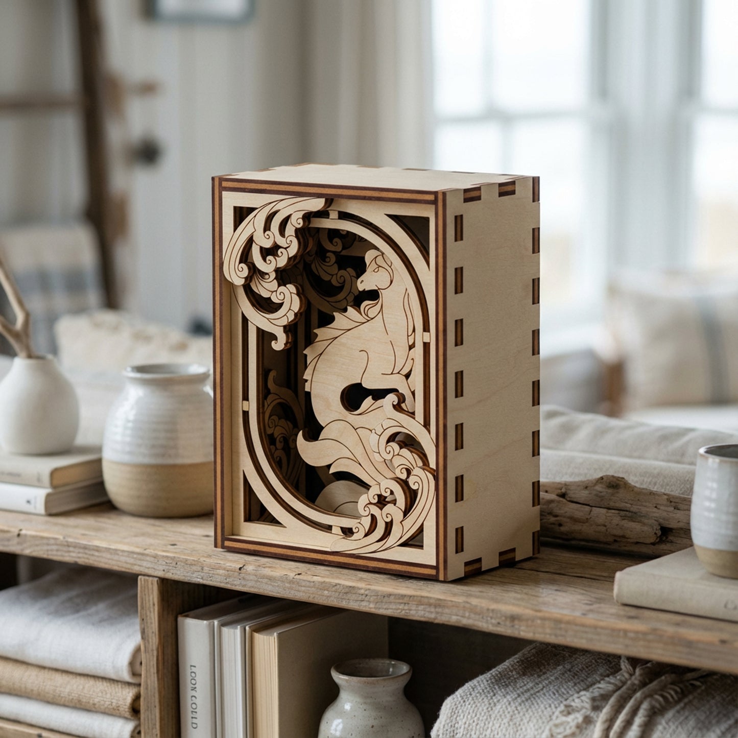 Wooden decorative laser cut box with intricate cut-out design on a wooden shelf.
