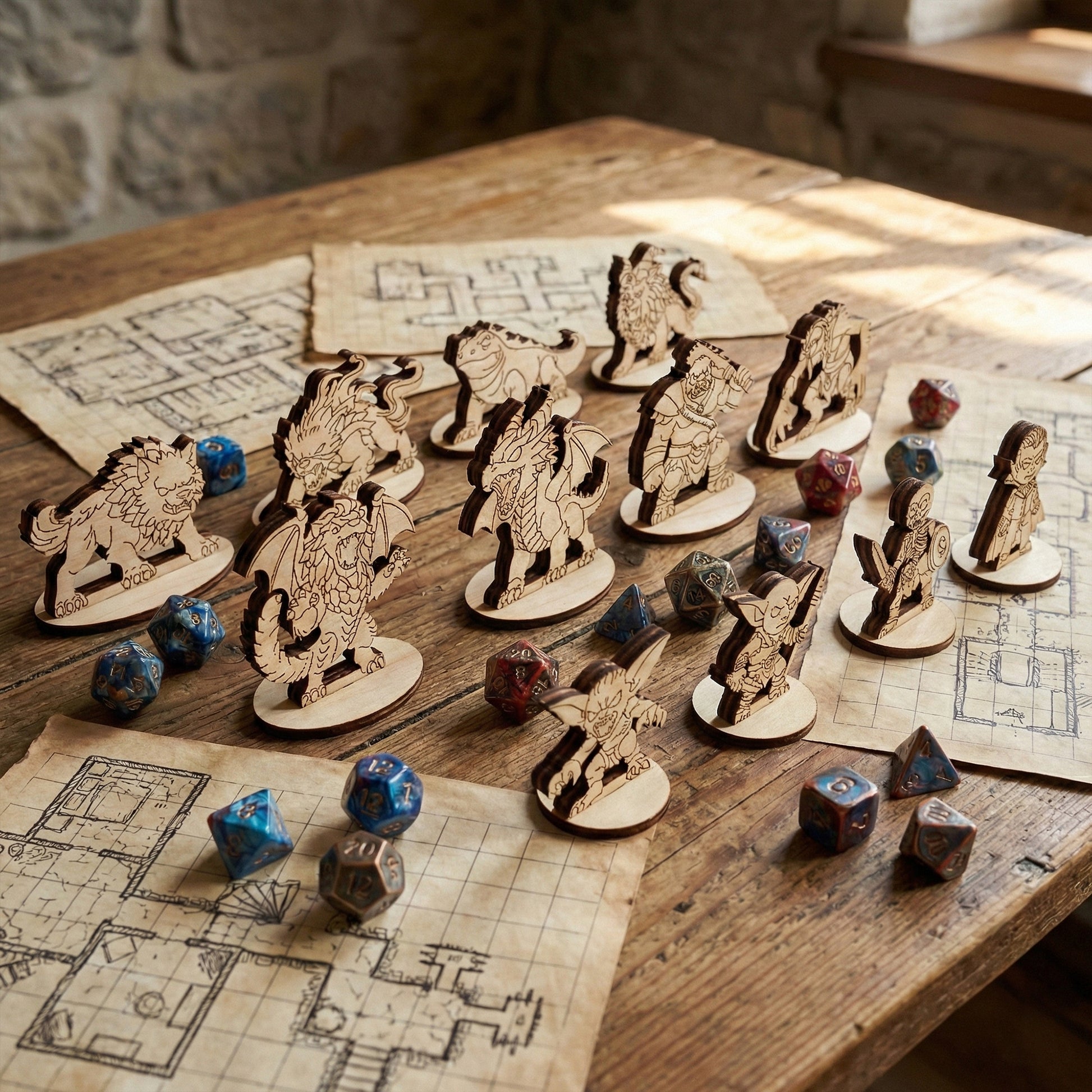 Wooden laser cut game pieces and dice on a table with map sheets