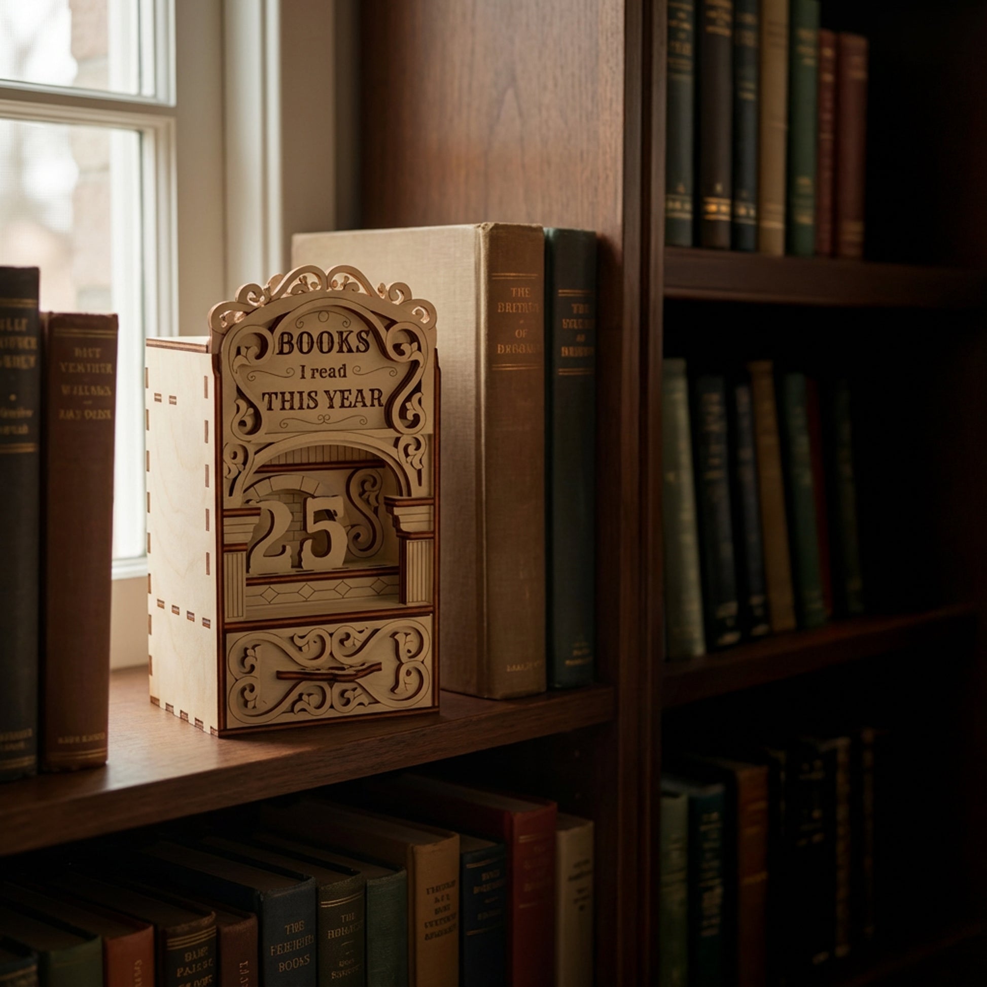 Side view of a laser cut book nook digital file showing a layered wooden bookshelf insert for tracking reading progress.