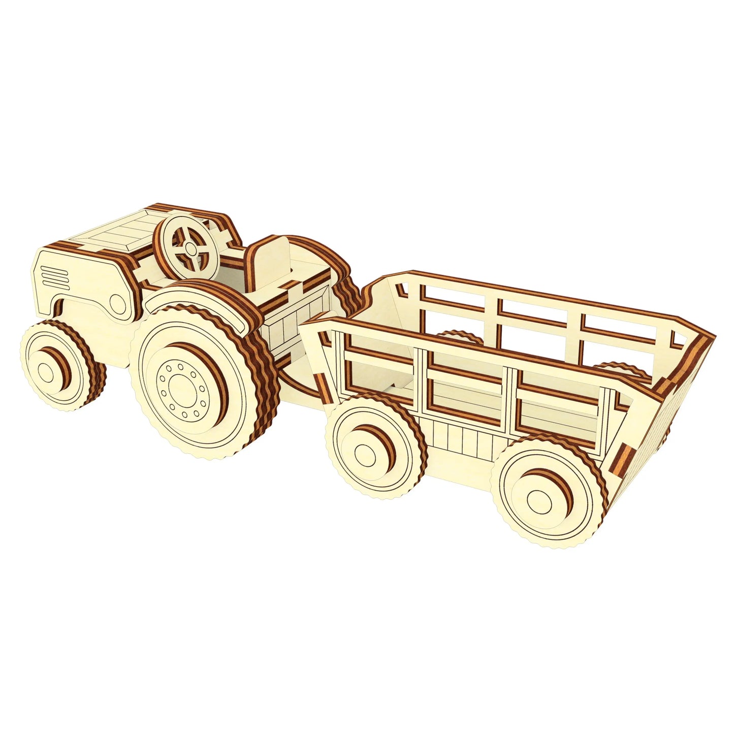 Graphic mockup of an assembled miniature wooden toy tractor pulling a matching wagon, made of laser cut plywood lines.