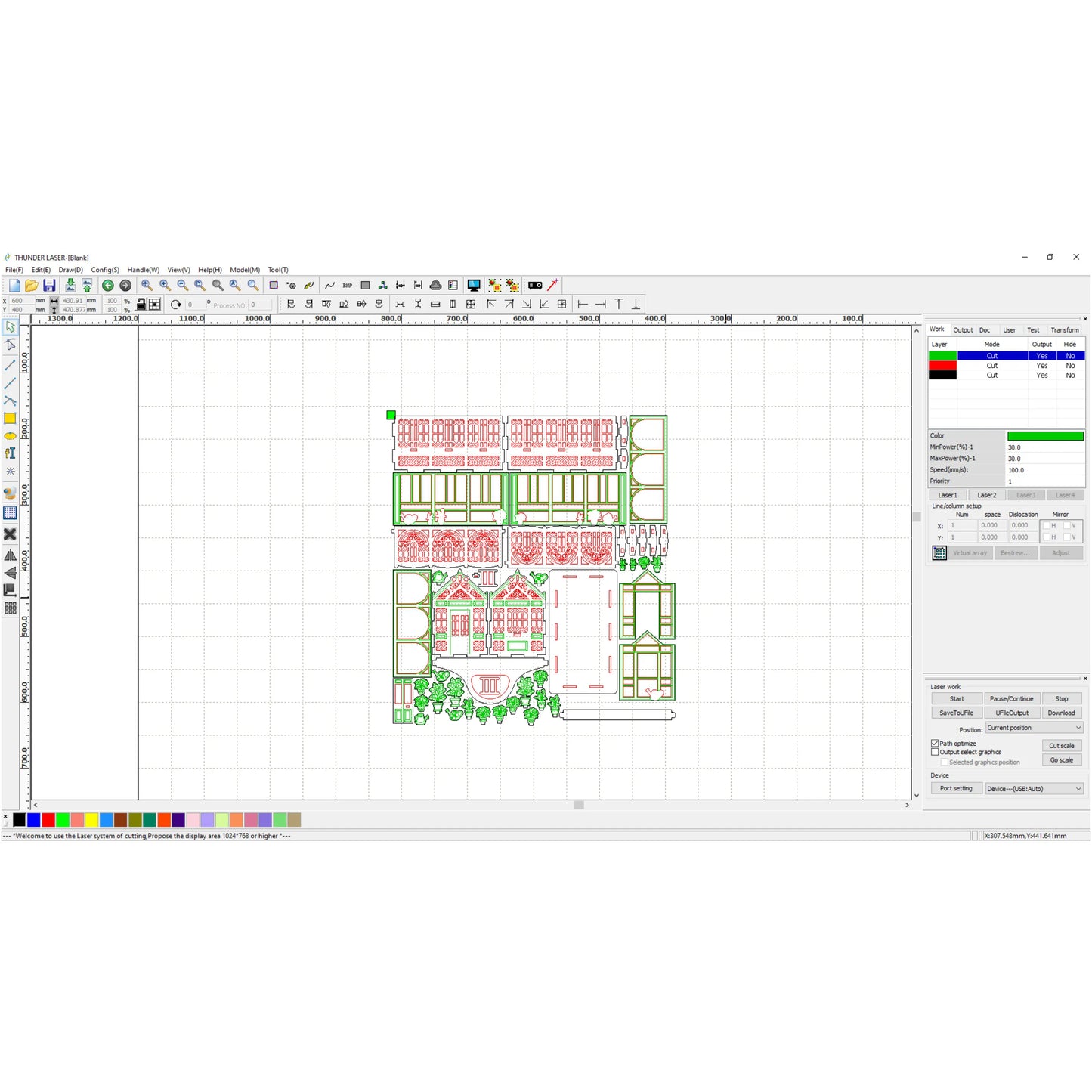Laser cut plywood vector blueprint in a software interface, showing layout panels for a miniature greenhouse box.