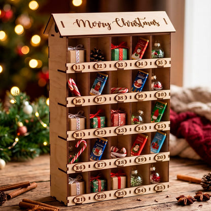 Laser cut plywood holiday advent calendar house on a cozy wooden table near a blurry Christmas tree with warm bokeh lights.