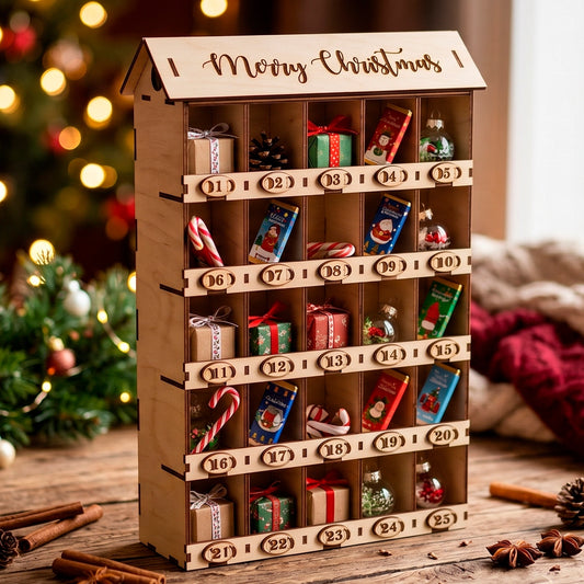 Laser cut plywood holiday advent calendar house on a cozy wooden table near a blurry Christmas tree with warm bokeh lights.