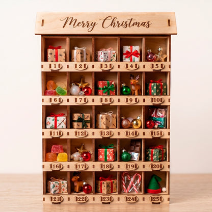 Laser cut plywood Christmas advent calendar with 25 shelves filled with small gifts, candies and festive ornaments.