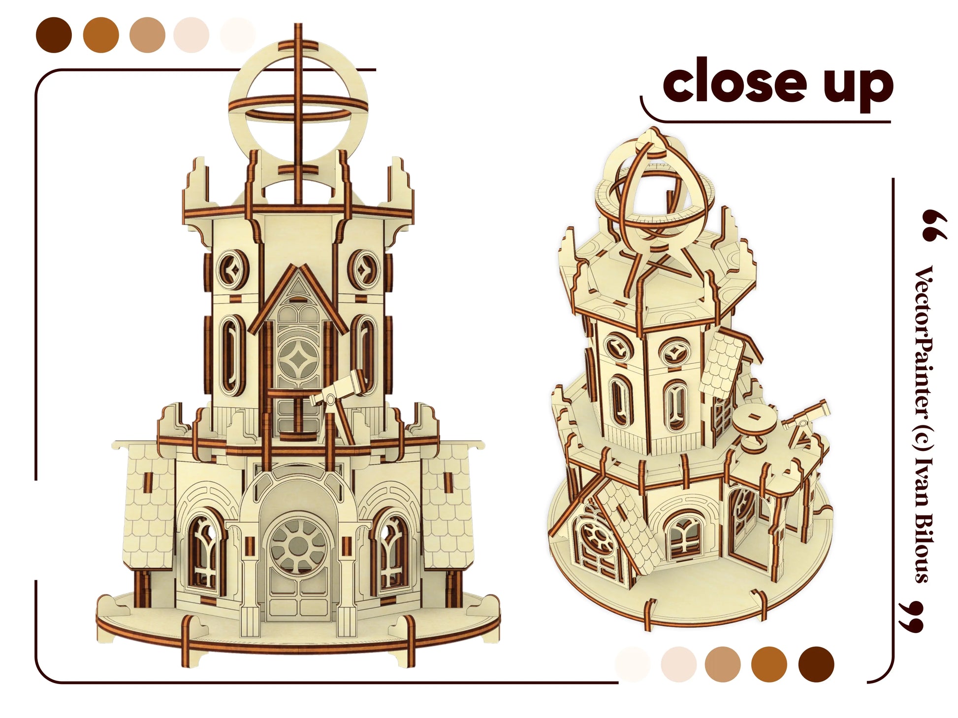 Close-up renders of the laser cut plywood astronomical house, highlighting the roof sphere, tiny telescope, and a doorway.