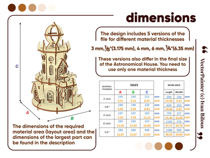 Dimensions chart for the laser cut plywood tower. Shows sizes for 3mm, 4mm, 6mm, 1/8 inch, and 1/4 inch material thickness.