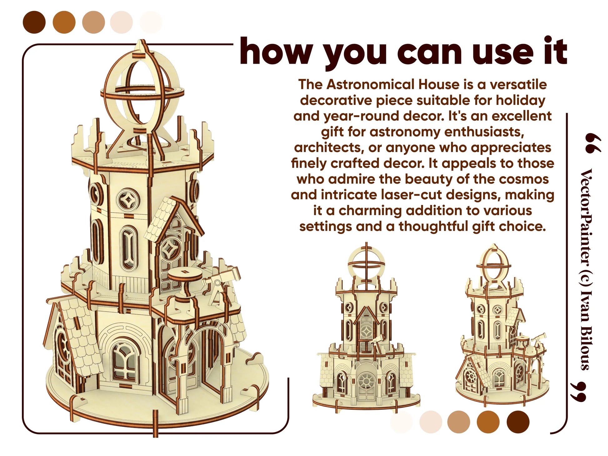 Laser cut plywood tower shown from three angles. Text describes it as versatile decor or a gift for astronomy enthusiasts.