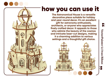 Laser cut plywood tower shown from three angles. Text describes it as versatile decor or a gift for astronomy enthusiasts.