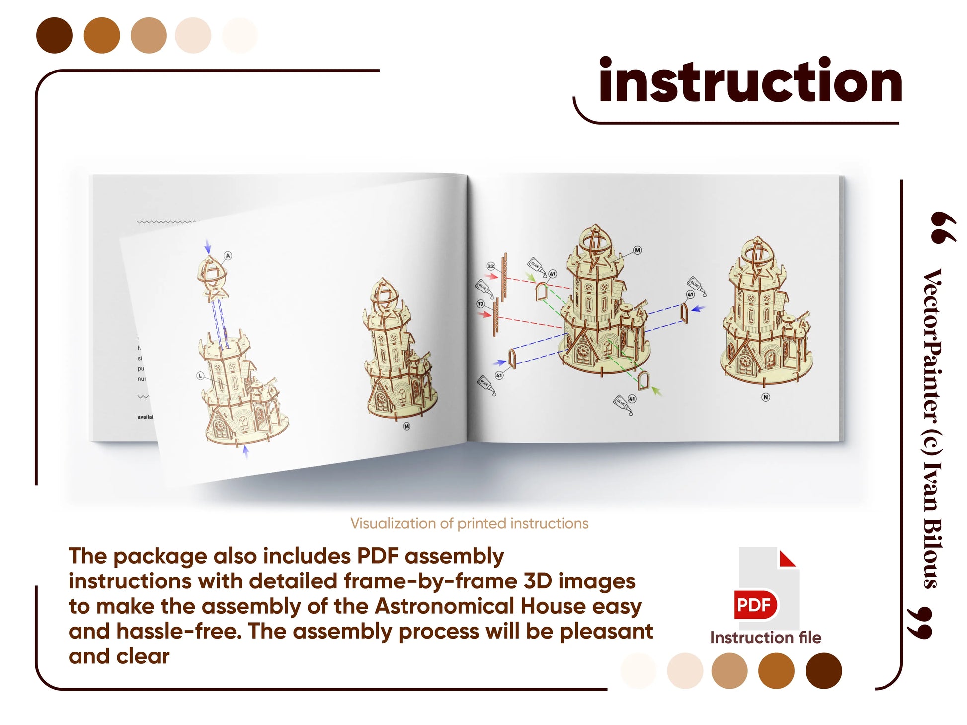 Open printed booklet showing step-by-step 3D visual assembly instructions for a laser cut plywood astronomical tower model.