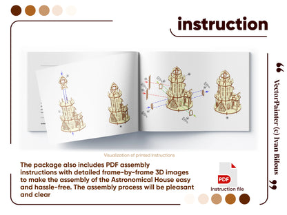 Open printed booklet showing step-by-step 3D visual assembly instructions for a laser cut plywood astronomical tower model.