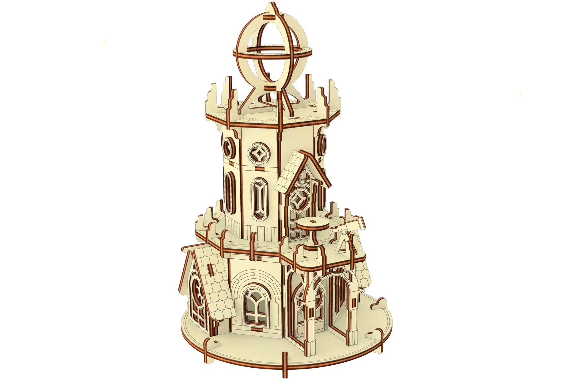 Three-quarter view vector render of an astronomical observatory building kit, made from laser cut plywood layers.