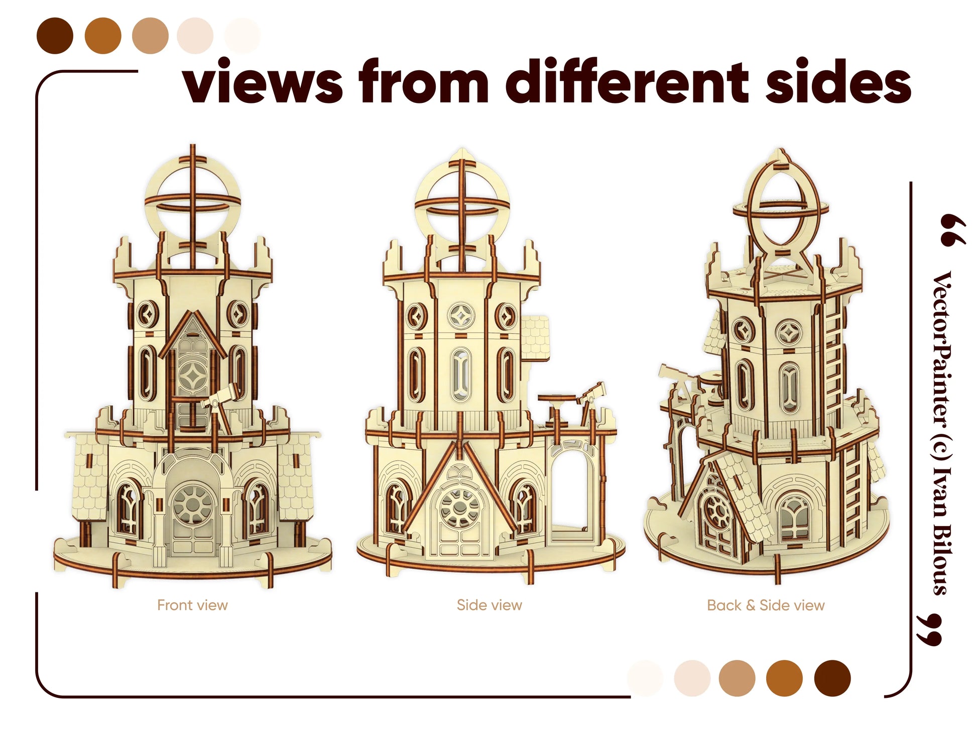 Three assembled models of the laser cut plywood observatory showing the exact front, side, and back architectural details.