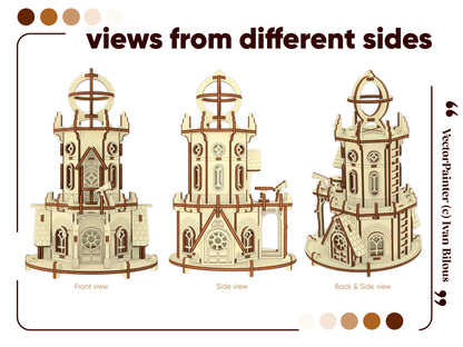 Three assembled models of the laser cut plywood observatory showing the exact front, side, and back architectural details.
