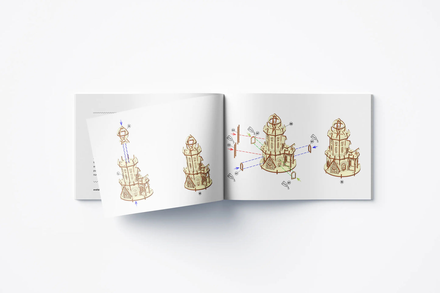 Open landscape instruction manual page detailing assembly diagrams for the 3D laser cut plywood observatory model.