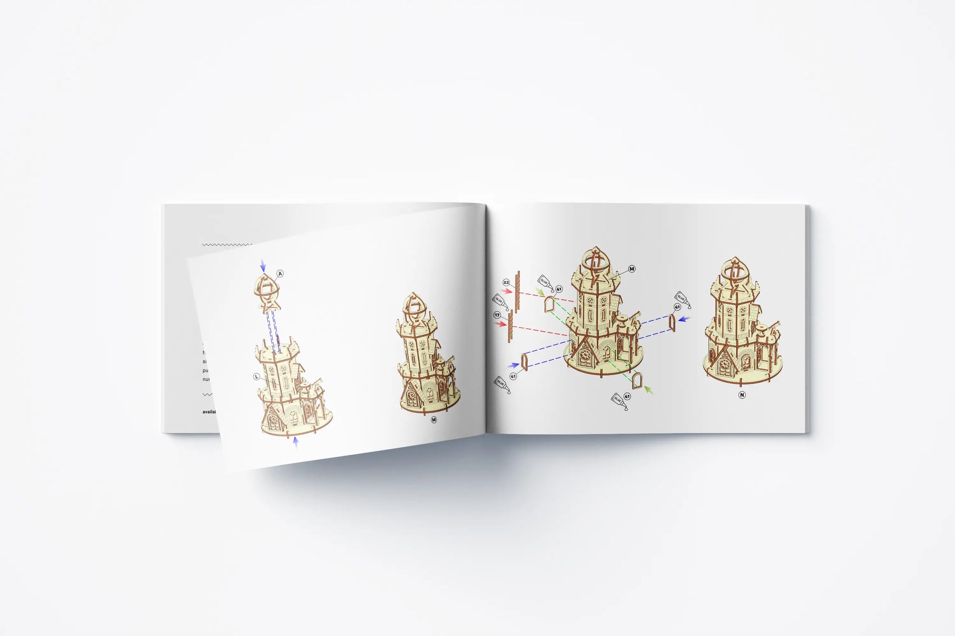Open landscape instruction manual page detailing assembly diagrams for the 3D laser cut plywood observatory model.