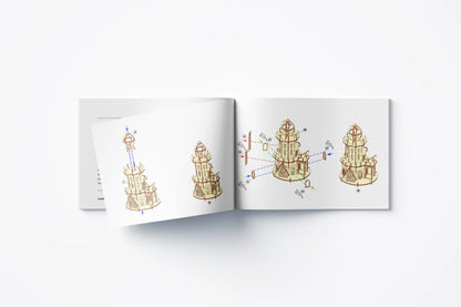 Open landscape instruction manual page detailing assembly diagrams for the 3D laser cut plywood observatory model.