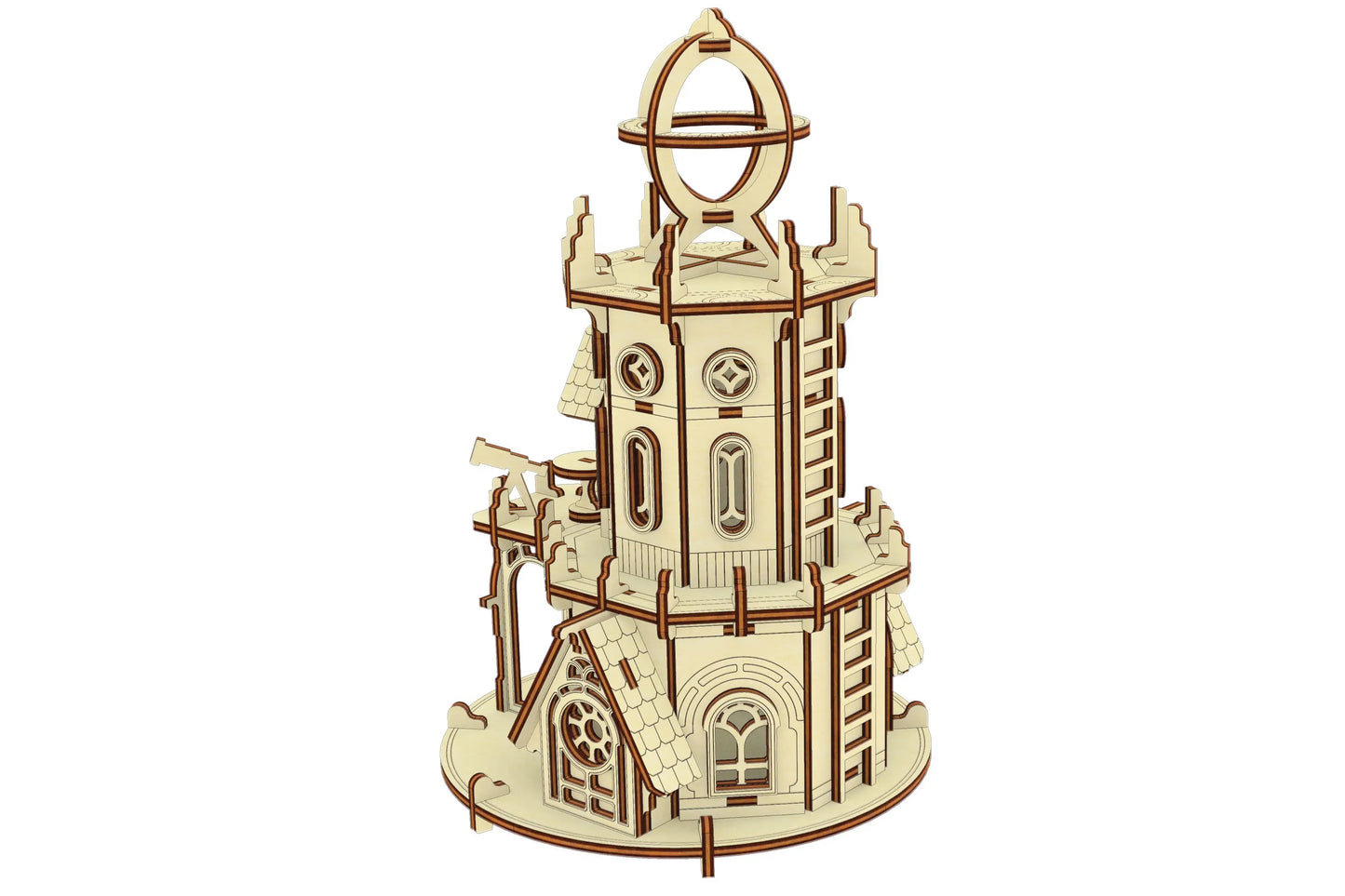Back three-quarter view render of the astronomical tower puzzle house, detailing a laser cut plywood scale ladder.