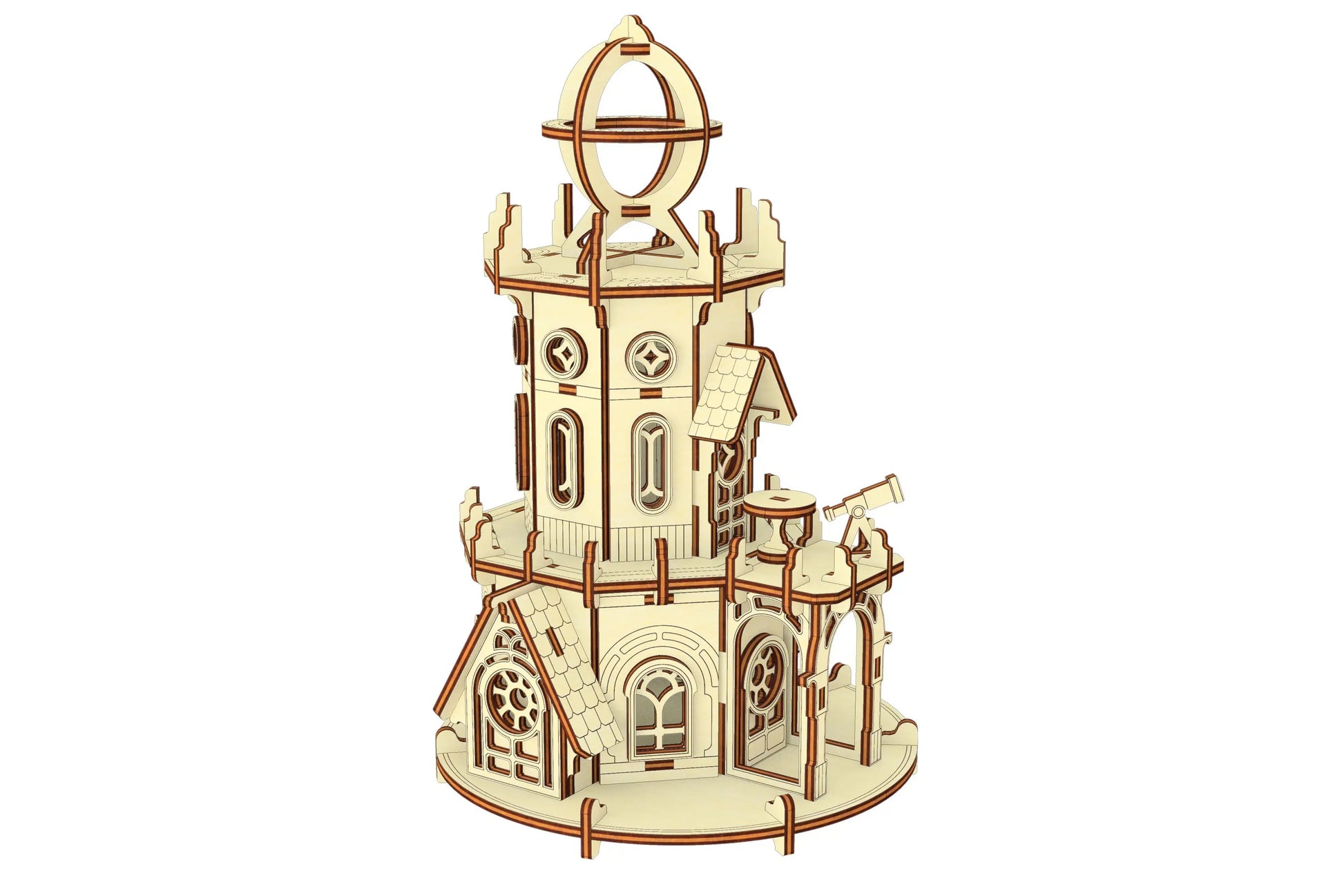 Isometric digital view of the miniature astronomical observatory tower, rendered as a laser cut plywood model kit.