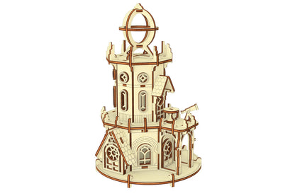 Isometric digital view of the miniature astronomical observatory tower, rendered as a laser cut plywood model kit.