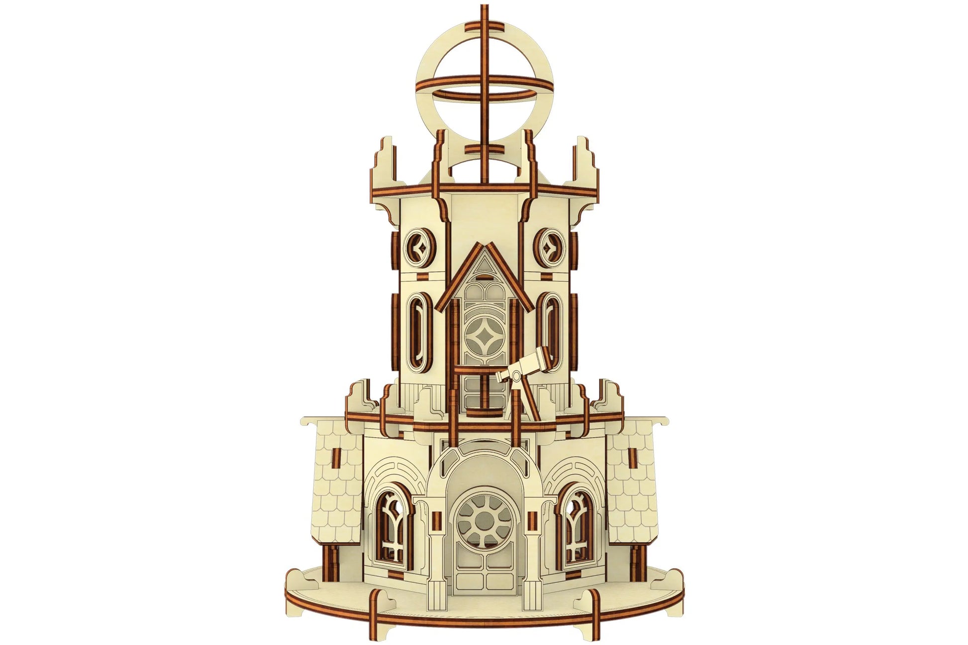 Straight-on front view graphic of the astronomical house model template, constructed from laser cut plywood boards.