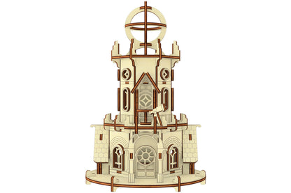 Straight-on front view graphic of the astronomical house model template, constructed from laser cut plywood boards.