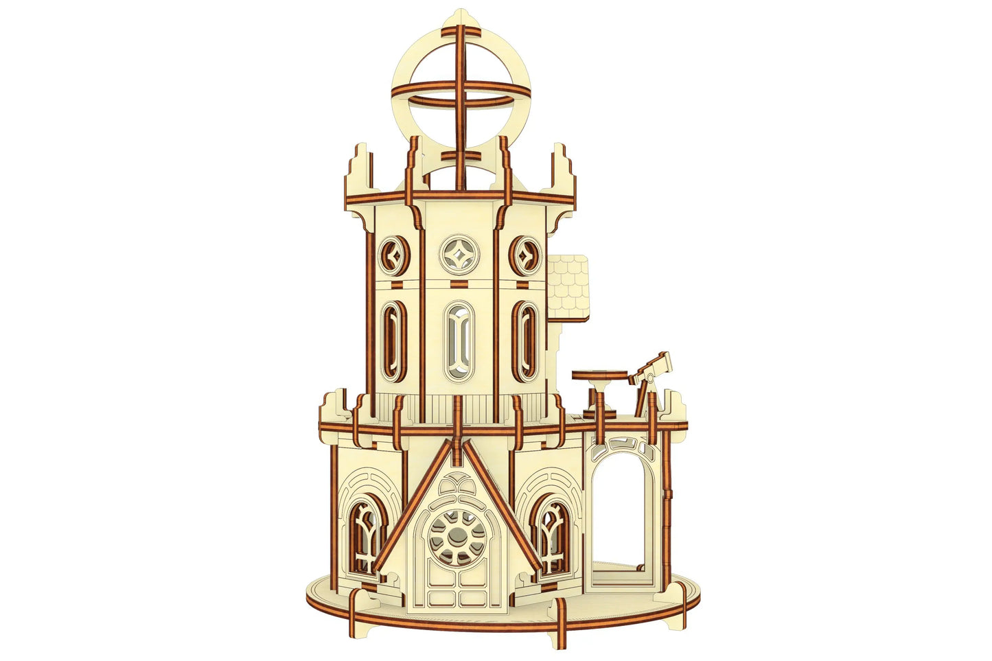 Clean architectural render of a laser cut plywood tower with an arched entryway, a balcony, and a rooftop sphere.