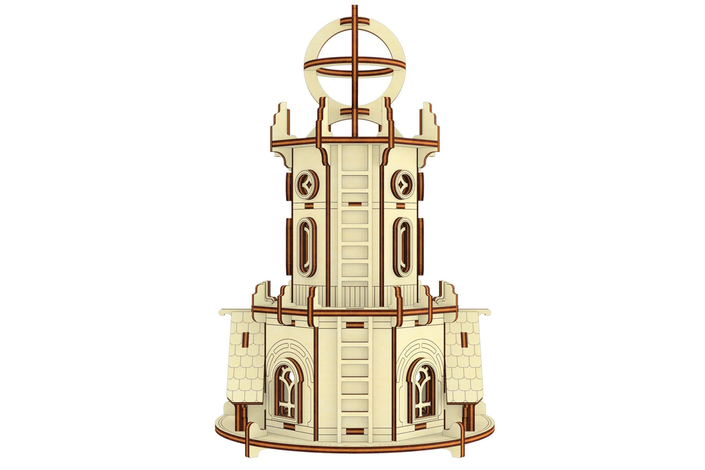 Exact back view rendering of the multi-level astronomical tower model structure, made of laser cut plywood plates.