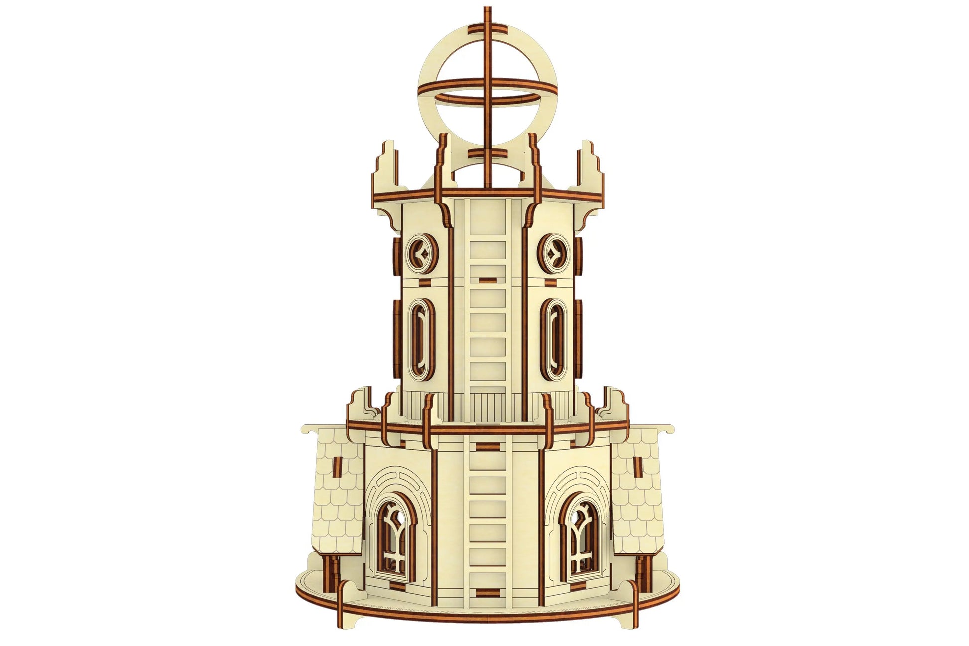 Exact back view rendering of the multi-level astronomical tower model structure, made of laser cut plywood plates.