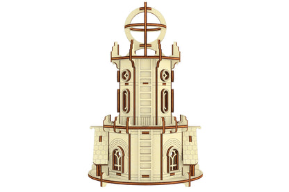 Exact back view rendering of the multi-level astronomical tower model structure, made of laser cut plywood plates.