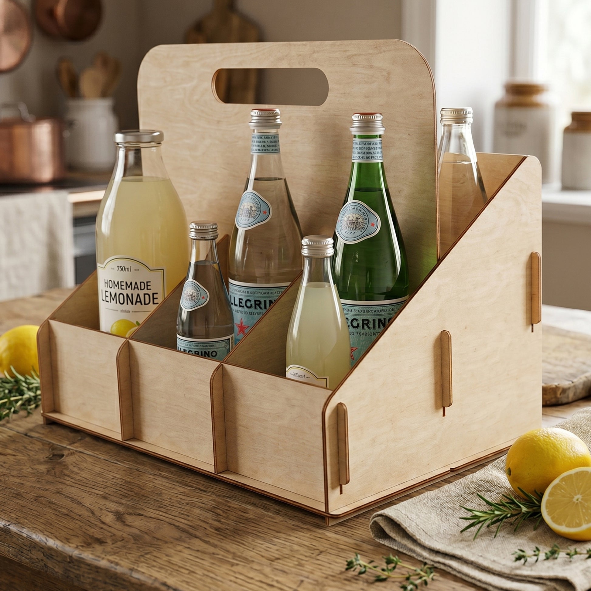 Laser cut plywood bottle caddy with handle, holding lemonade and water on a rustic kitchen table with fresh lemon slices