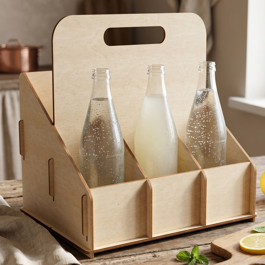 Minimalist laser cut plywood bottle carrier with six compartments on a wooden countertop in a bright, modern kitchen space