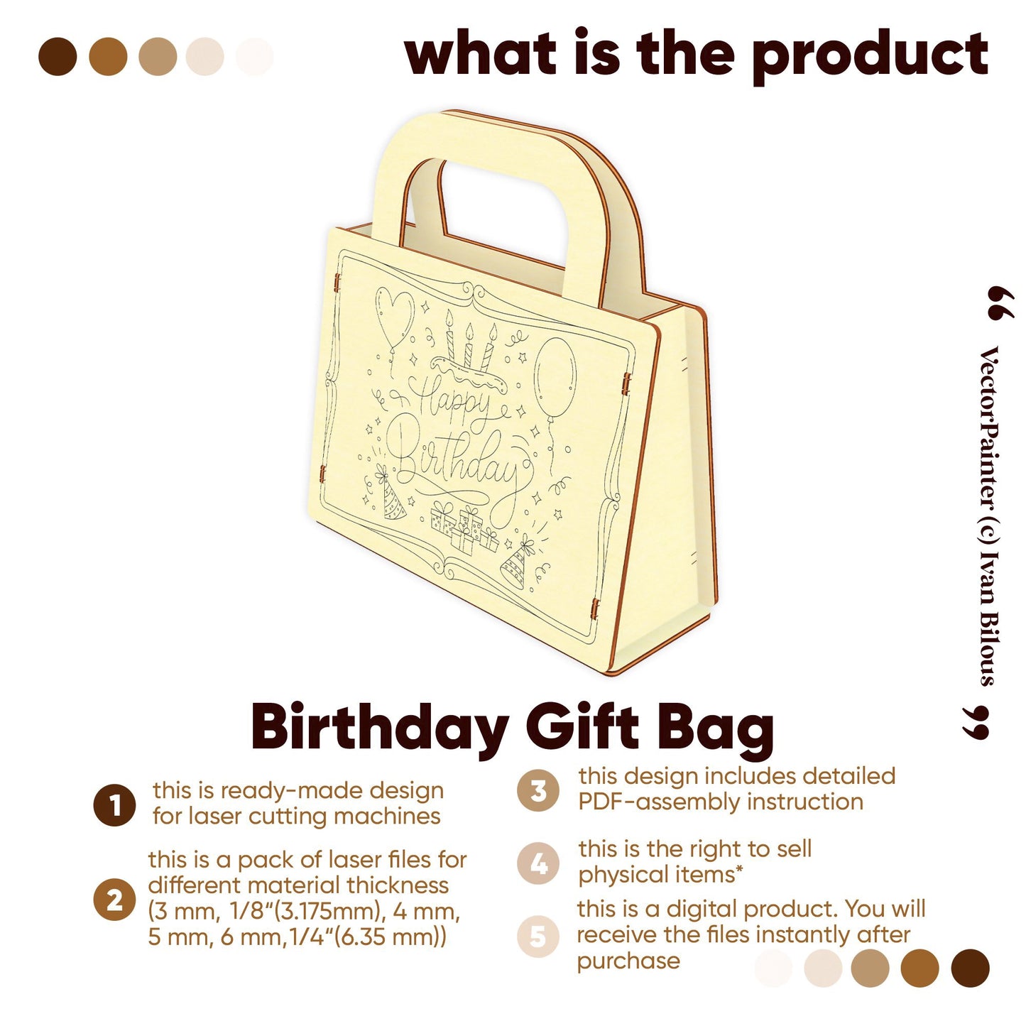 Digital design of a Birthday Gift Bag for laser cut plywood. Includes multiple file versions and assembly