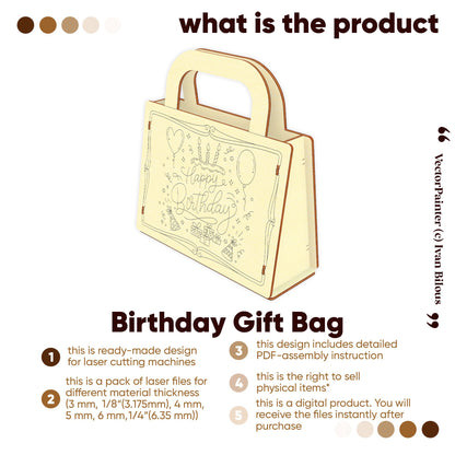 Digital design of a Birthday Gift Bag for laser cut plywood. Includes multiple file versions and assembly