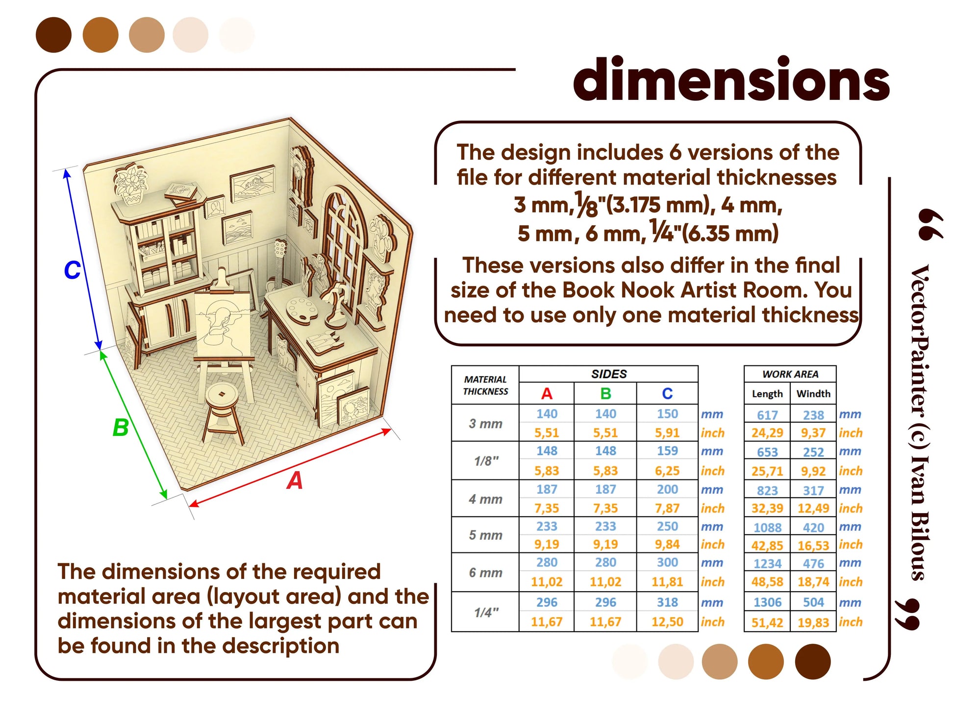 Dimension chart for a laser cut plywood miniature dollhouse, showing thickness options from 3mm to 6mm with a diagram.