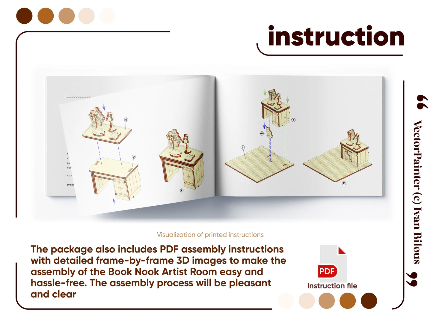 Assembly manual preview for a laser cut plywood book nook, displaying step-by-step 3D diagrams of a miniature table.