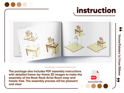 Assembly manual preview for a laser cut plywood book nook, displaying step-by-step 3D diagrams of a miniature table.