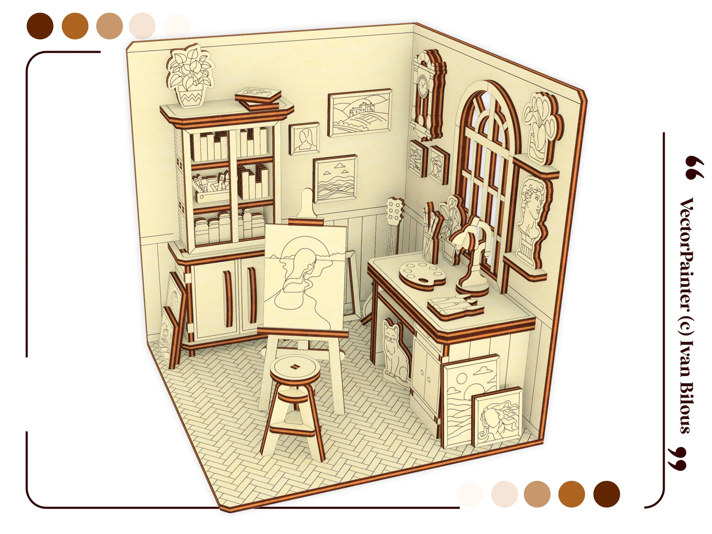3D model of an artist studio book nook made of laser cut plywood, showcasing a corner view with an easel and a desk.