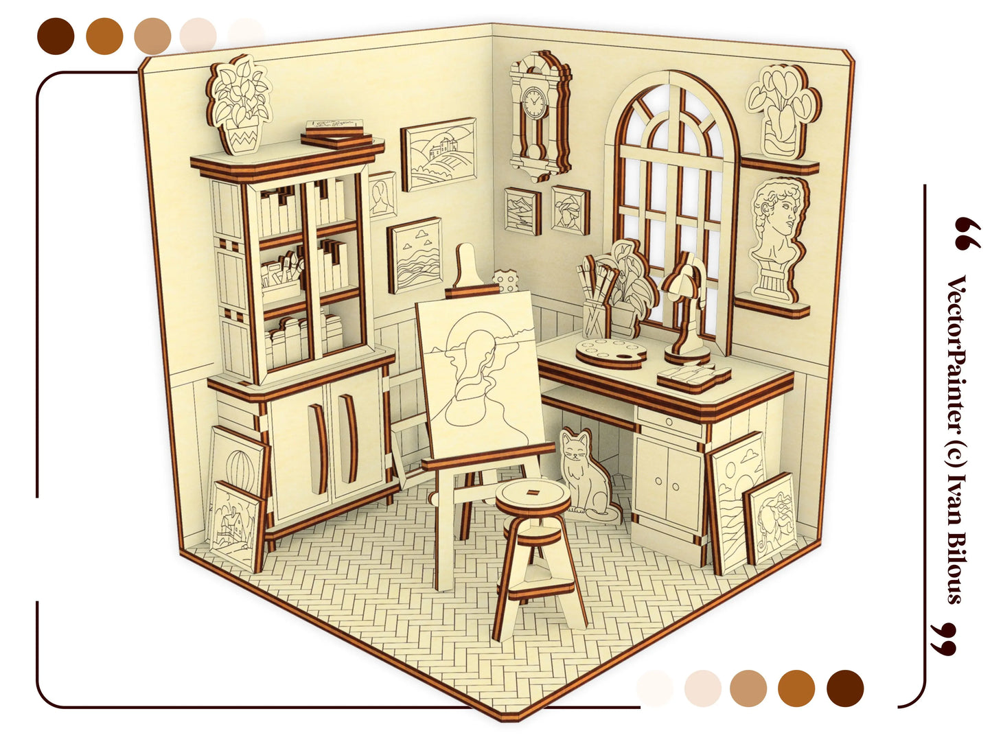 Front isometric 3D render of an art room miniature shelf insert made from laser cut plywood with detailed furniture.