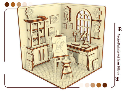 Front isometric 3D render of an art room miniature shelf insert made from laser cut plywood with detailed furniture.