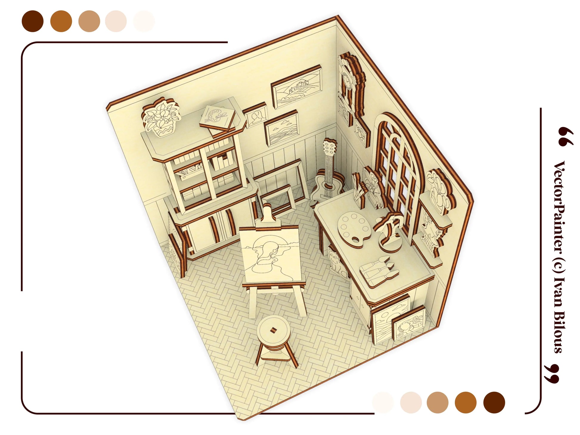 Top down angled 3D render of an artist room book nook layout, designed from laser cut plywood layers with parquet flooring.