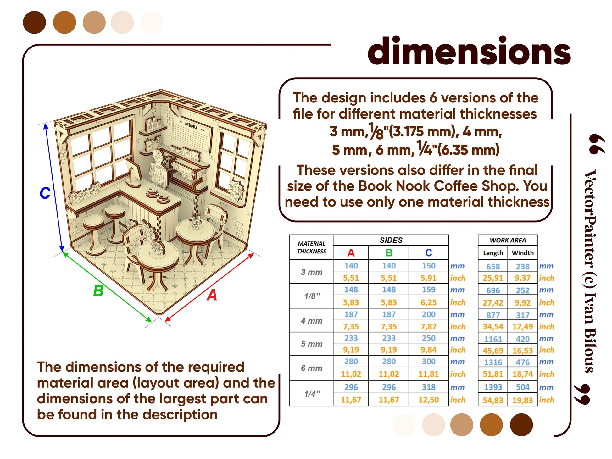 Size chart infographic for a laser cut plywood coffee shop box, with dimension tables for various material options.