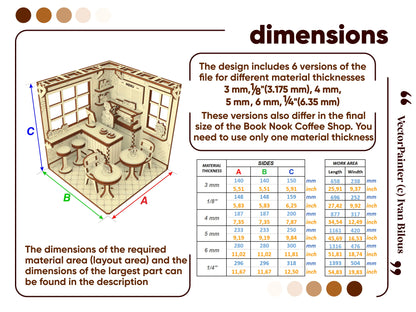 Size chart infographic for a laser cut plywood coffee shop box, with dimension tables for various material options.