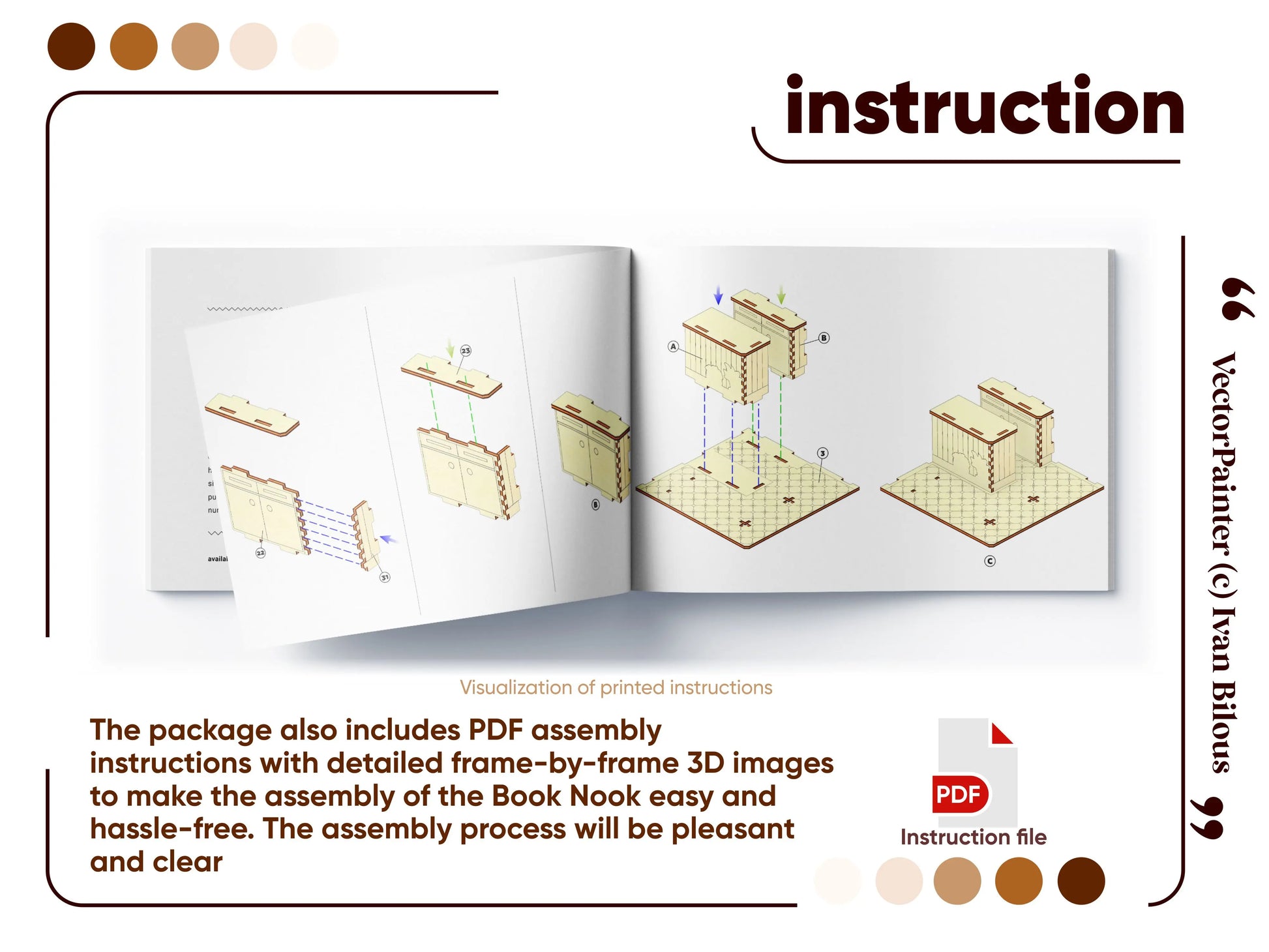 PDF manual page for a laser cut plywood book nook, showing step-by-step assembly diagrams of a miniature counter.