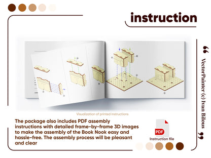 PDF manual page for a laser cut plywood book nook, showing step-by-step assembly diagrams of a miniature counter.