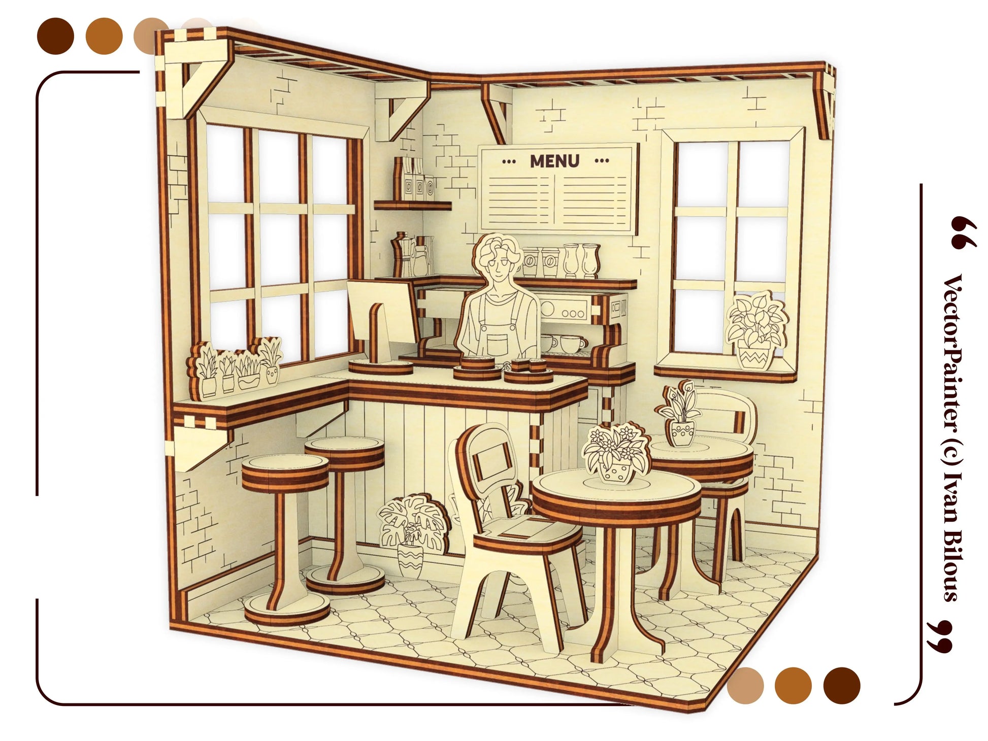 Angled 3D model of a miniature cafe shelf insert layout, designed from laser cut plywood with a menu on the wall.