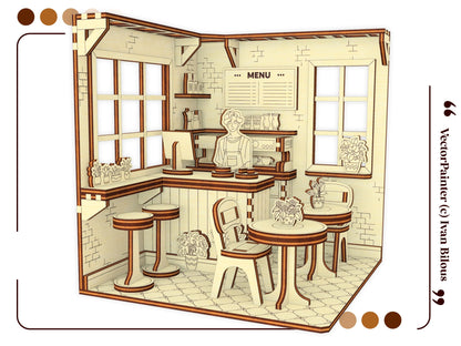 Angled 3D model of a miniature cafe shelf insert layout, designed from laser cut plywood with a menu on the wall.
