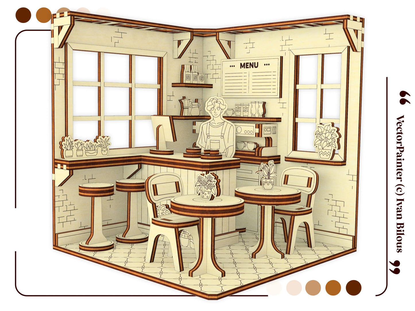 Wide 3D render of a coffee shop book nook made of laser cut plywood, featuring tables, bar stools, and a barista.
