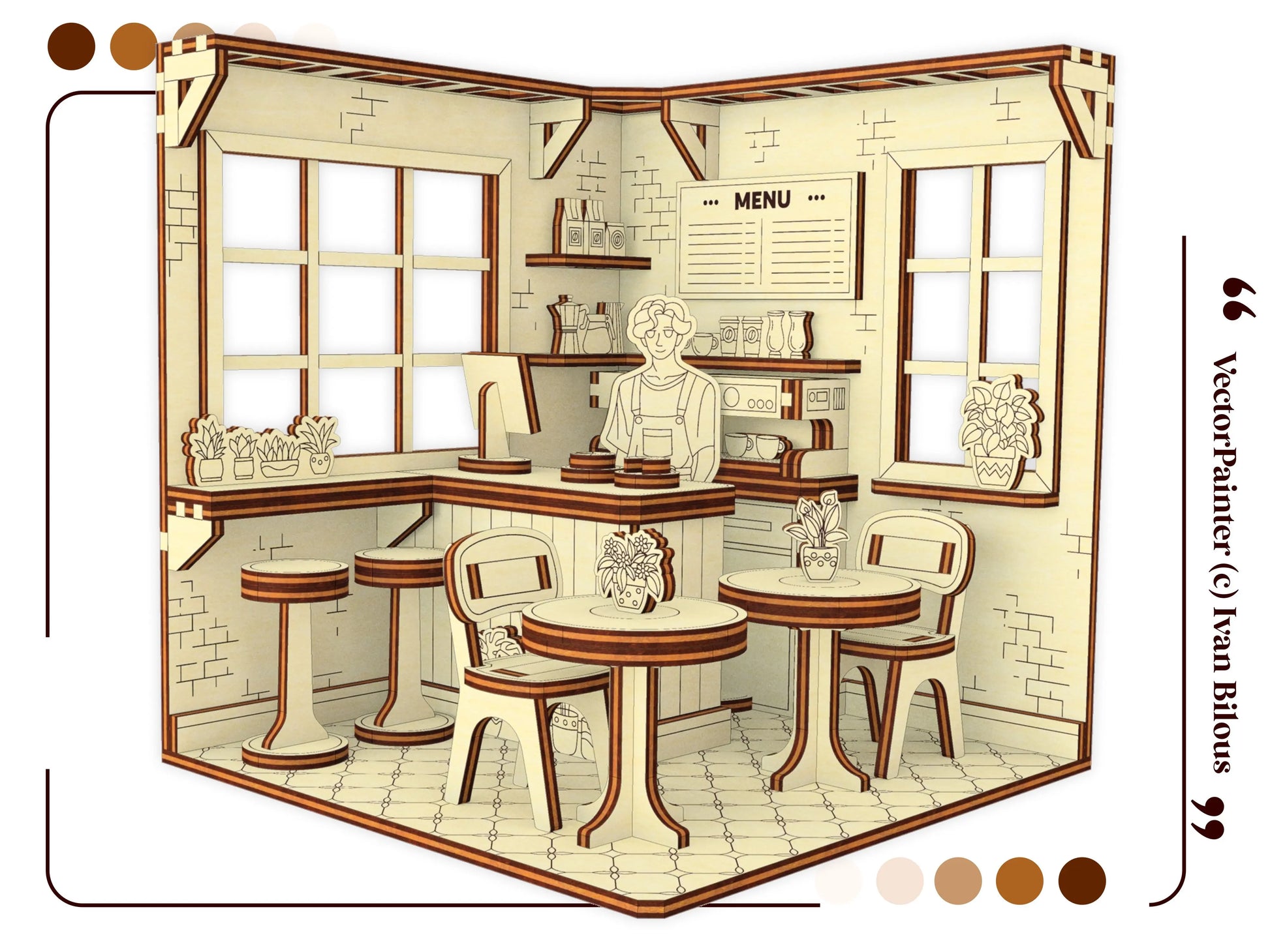 Wide 3D render of a coffee shop book nook made of laser cut plywood, featuring tables, bar stools, and a barista.