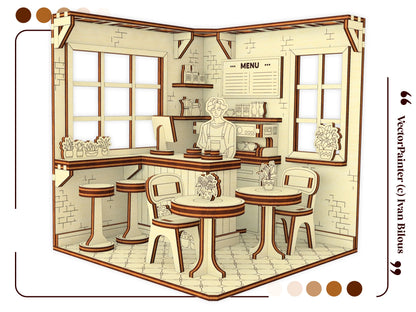 Wide 3D render of a coffee shop book nook made of laser cut plywood, featuring tables, bar stools, and a barista.